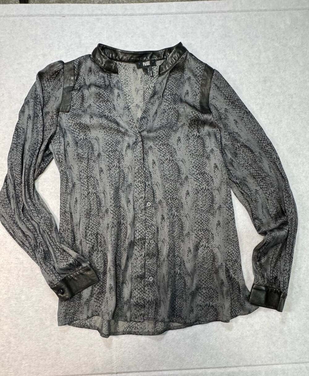 PAIGE Womens Medium Blouse Top Casual Button Faux Leather Trim Snake Print